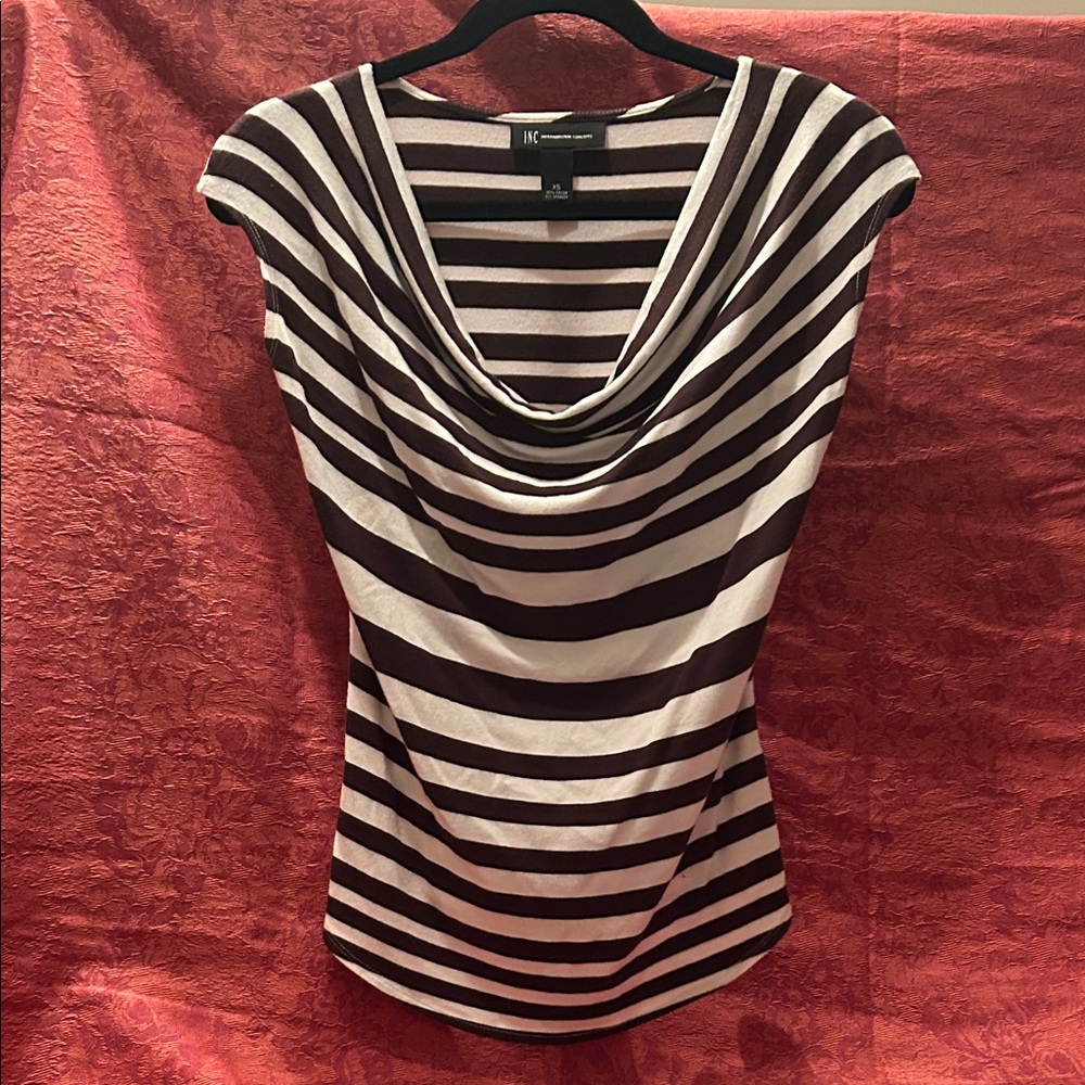 INC International Concepts Black and White Striped Cowl Neck Blouse